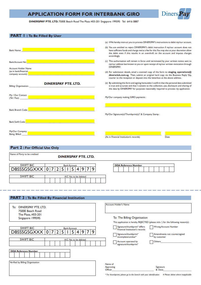 DinersPay HDB Staging Ground GIRO authorization form guide